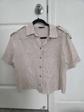 Zara Striped Linen-Blend Crop Button-Up Shirt — Beige & White